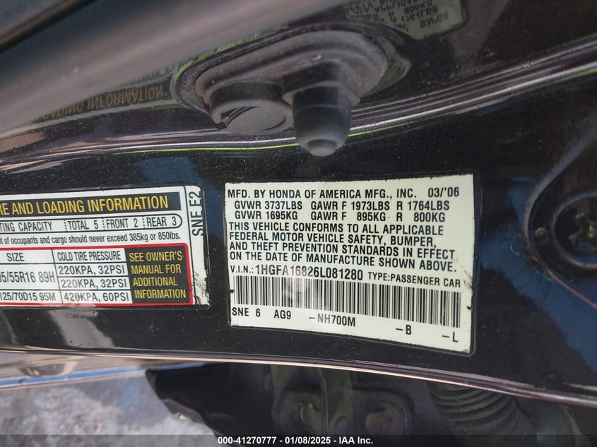 2006 HONDA CIVIC VIN: 1HGFA16826L081280