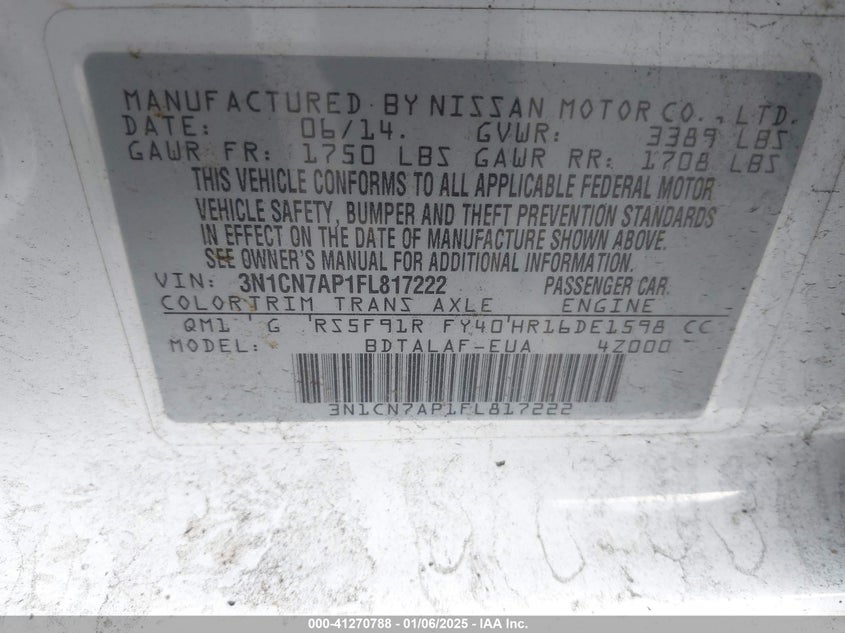 2015 NISSAN VERSA 1.6 S - 3N1CN7AP1FL817222