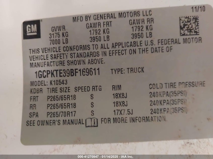 2011 CHEVROLET SILVERADO 1500 VIN: 1GCPKTE39BF169611