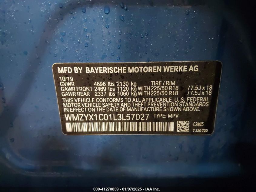 2020 Mini Countryman Cooper S VIN: WMZYX1C01L3L57027 Lot: 41270859