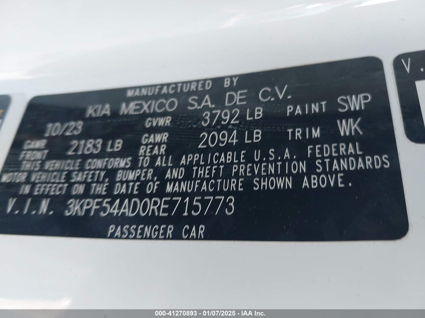 2024 KIA FORTE VIN: 3KPF54AD0RE715773