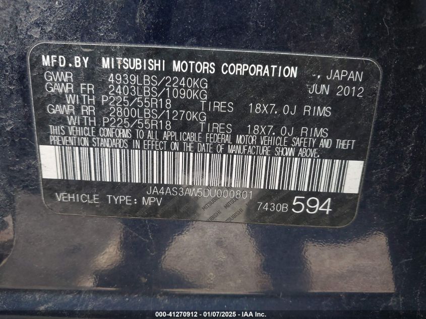 VIN JA4AS3AW5DU000801 2013 Mitsubishi Outlander, SE no.9