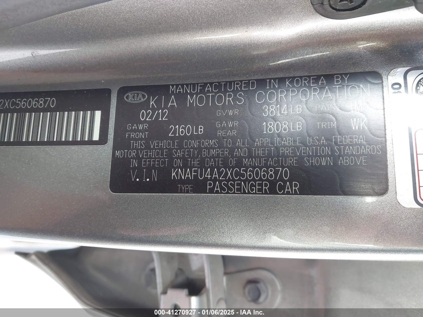 2012 KIA FORTE VIN: KNAFU4A2XC5606870