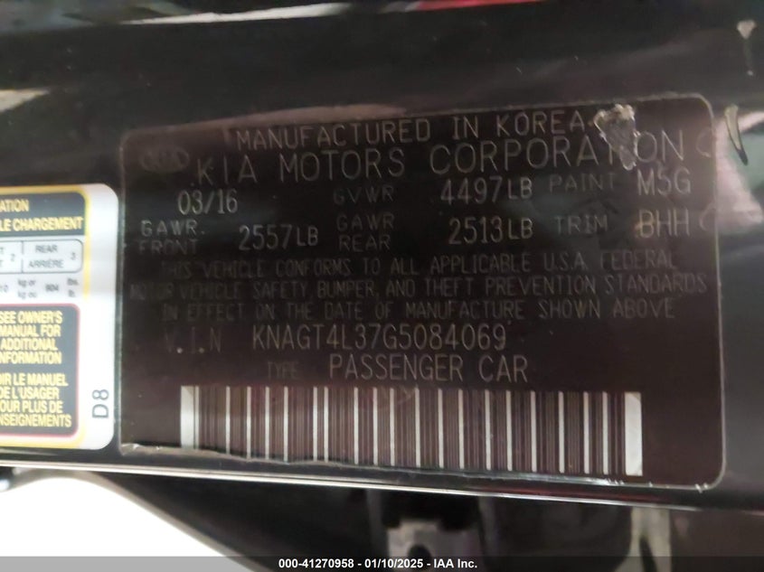 2016 KIA OPTIMA VIN: KNAGT4L37G5084069