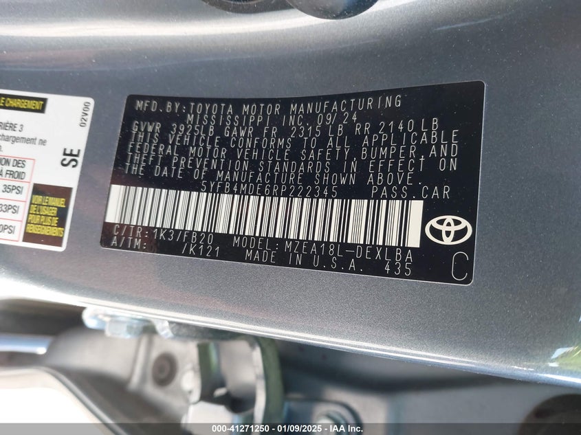 2024 TOYOTA COROLLA VIN: 5YFB4MDE6RP222345