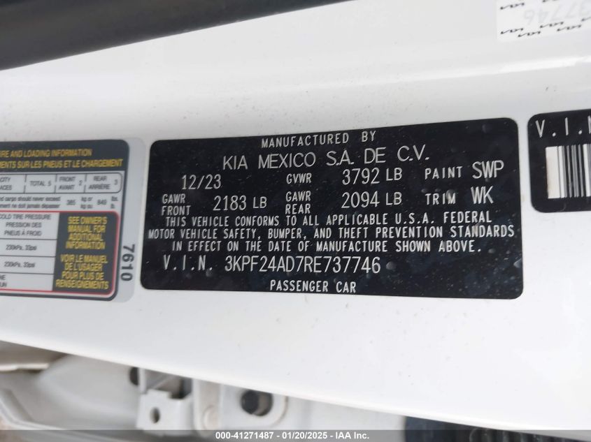 2024 Kia Forte Lxs VIN: 3KPF24AD7RE73774 Lot: 41271487