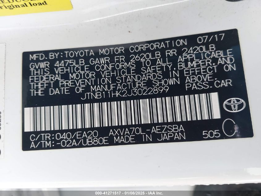 VIN JTNB11HK2J3022899 2018 Toyota Camry, L/Le/Xle/S... no.9