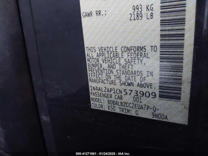 2012 NISSAN ALTIMA VIN: 1N4AL2AP1CN573909