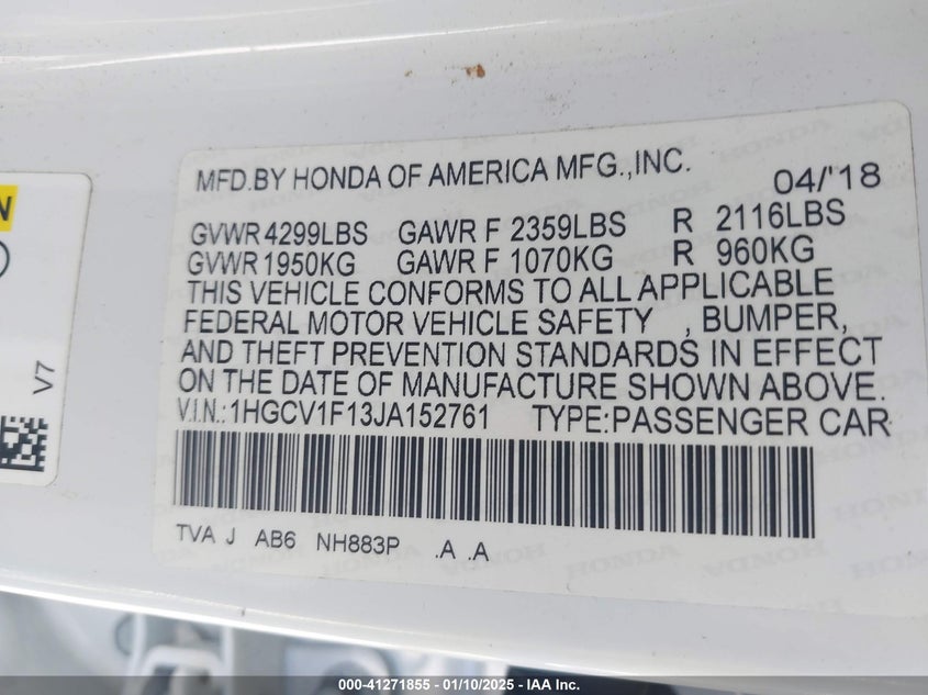 2018 HONDA ACCORD VIN: 1HGCV1F13JA152761