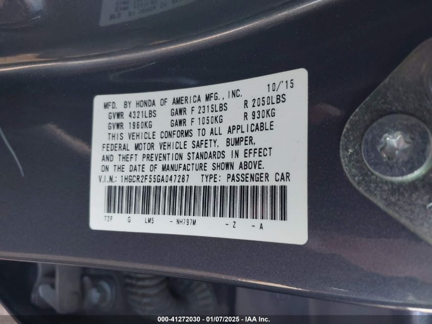 VIN 1HGCR2F55GA047287 2016 Honda Accord, Sport no.9