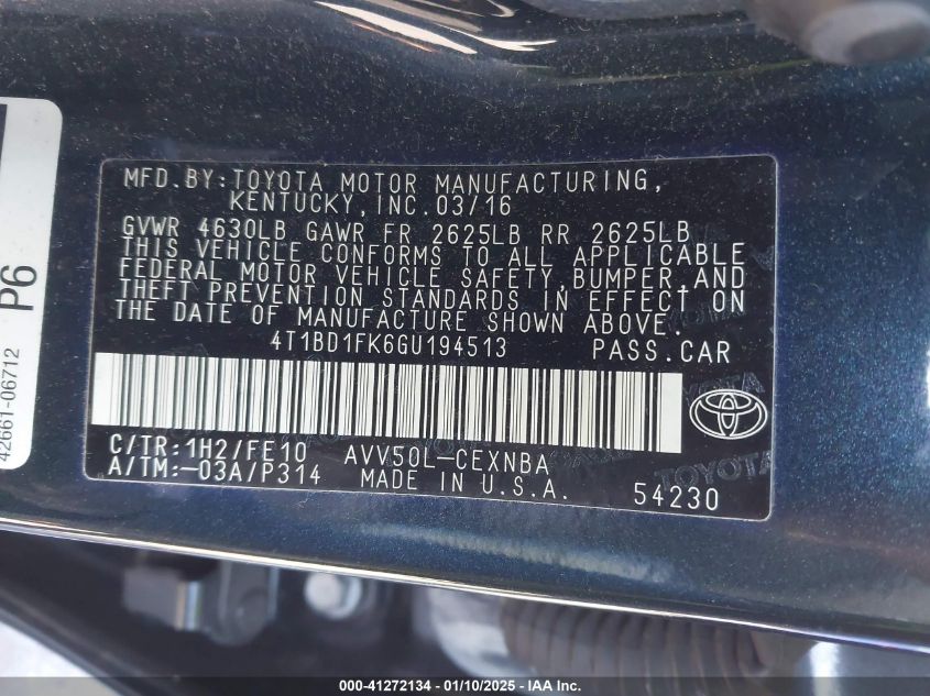 VIN 4T1BD1FK6GU194513 2016 Toyota Camry, Hybrid LE no.9