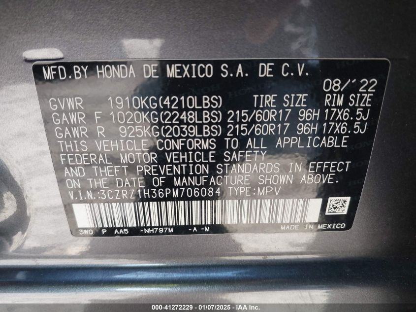 VIN 3CZRZ1H36PM706084 2023 Honda HR-V, 2Wd Lx no.9