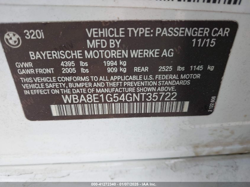 VIN WBA8E1G54GNT35722 2016 BMW 3 Series, 320I no.9