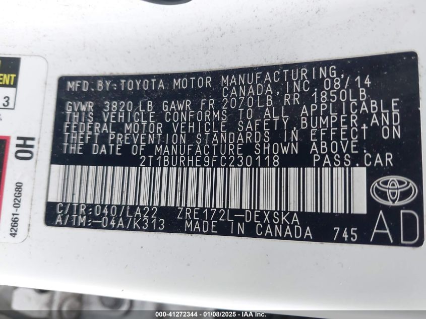 VIN 2T1BURHE9FC230118 2015 Toyota Corolla, S Premium no.9