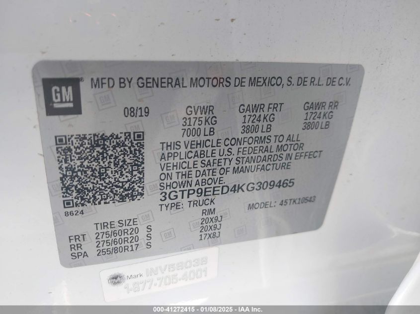 VIN 3GTP9EED4KG309465 2019 GMC SIERRA 1500 no.9