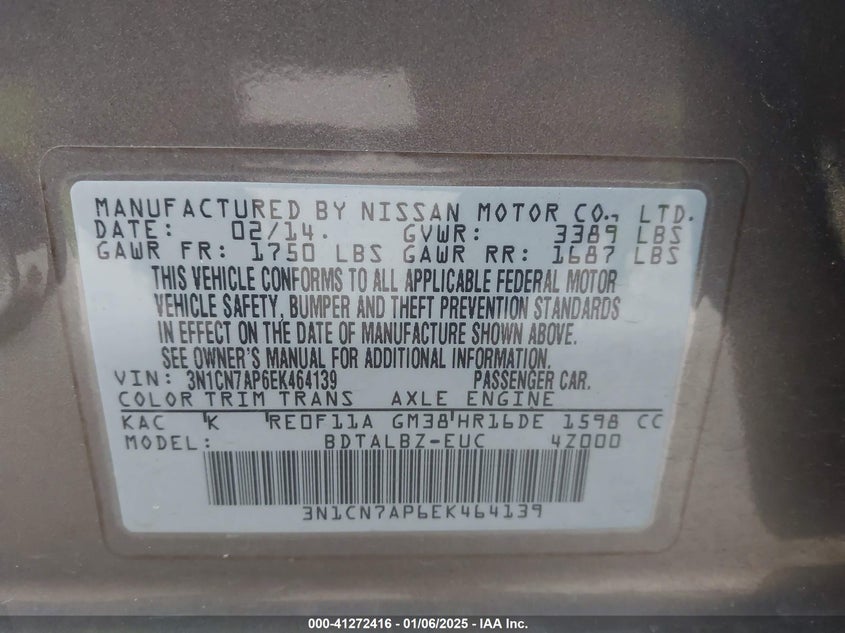 2014 NISSAN VERSA 1.6 SV - 3N1CN7AP6EK464139