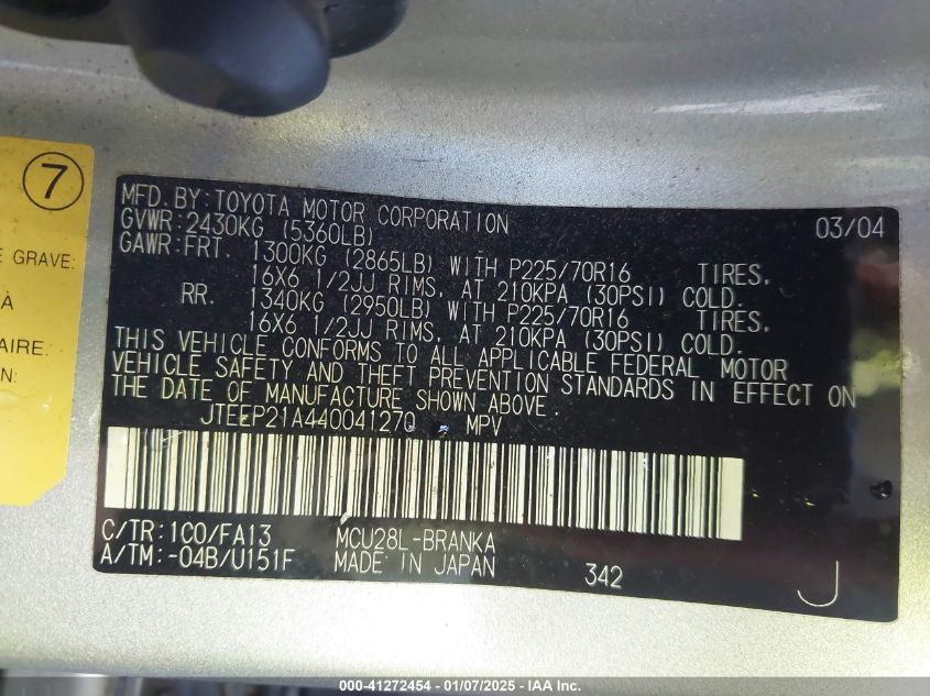 2004 Toyota Highlander Limited V6 VIN: JTEEP21A040049270 Lot: 41272454