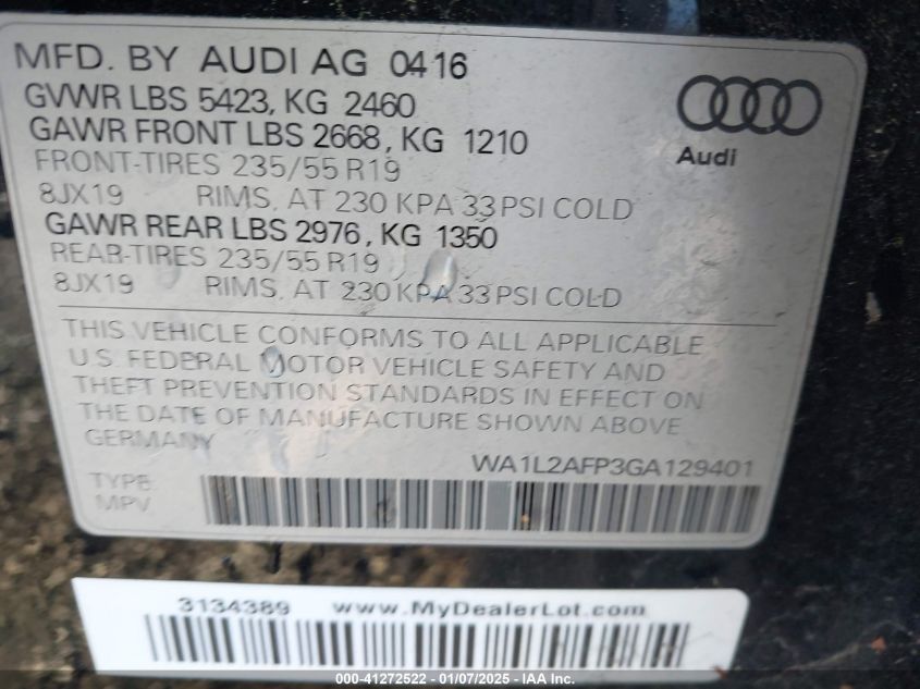 VIN WA1L2AFP3GA129401 2016 Audi Q5, 2.0T Premium no.9