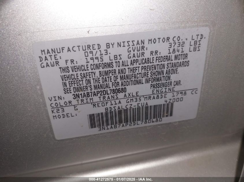 VIN 3N1AB7AP2DL780680 2013 Nissan Sentra, S no.9