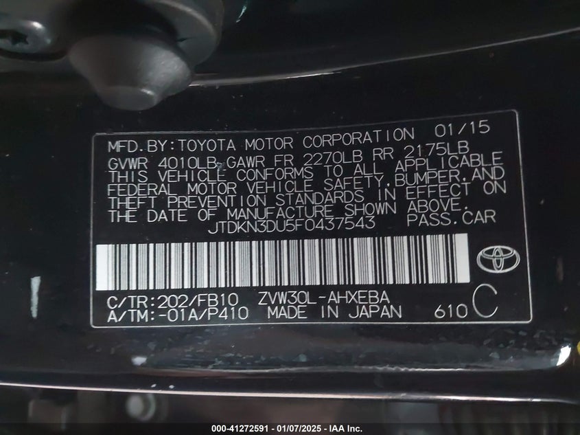 2015 TOYOTA PRIUS VIN: JTDKN3DU5F0437543