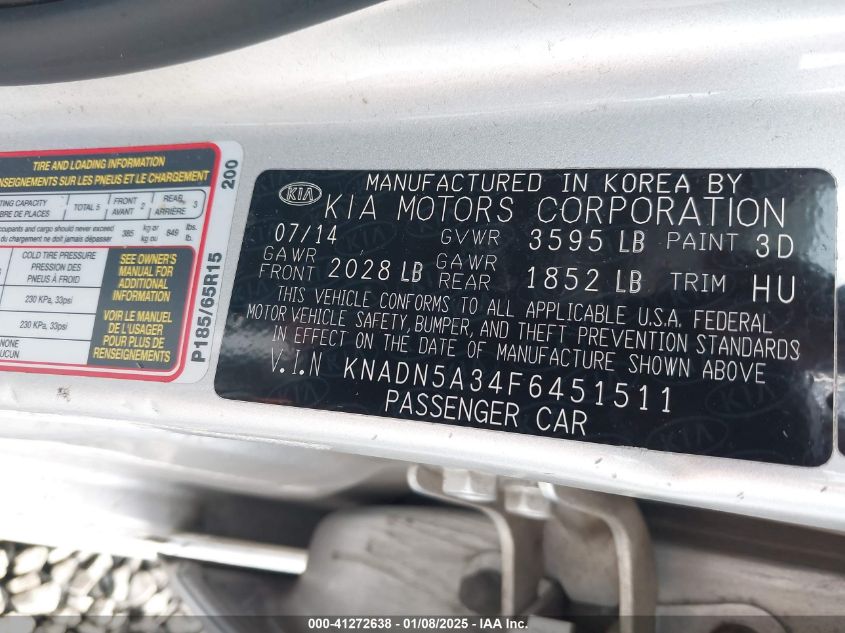 VIN KNADN5A34F6451511 2015 KIA Rio, EX no.9