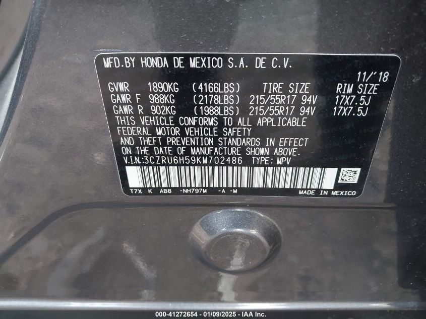 VIN 3CZRU6H59KM702486 2019 Honda HR-V, EX no.9