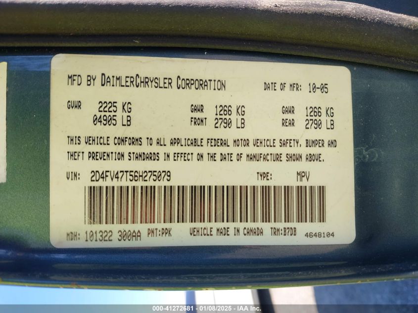 2006 Dodge Magnum VIN: 2D4FV47T56H275079 Lot: 41272681