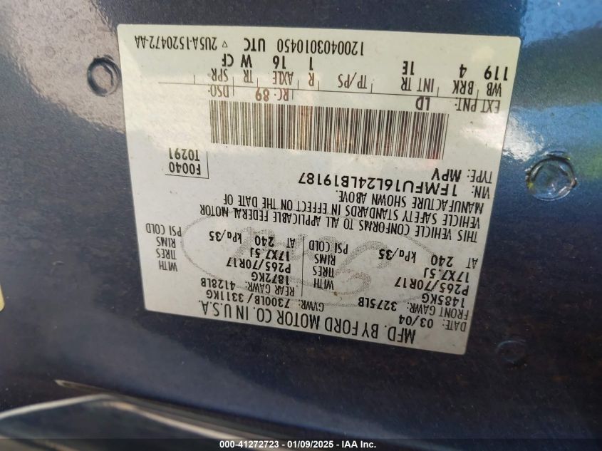 2004 Ford Expedition Nbx/Xlt VIN: 1FMFU16L24LB19187 Lot: 41272723