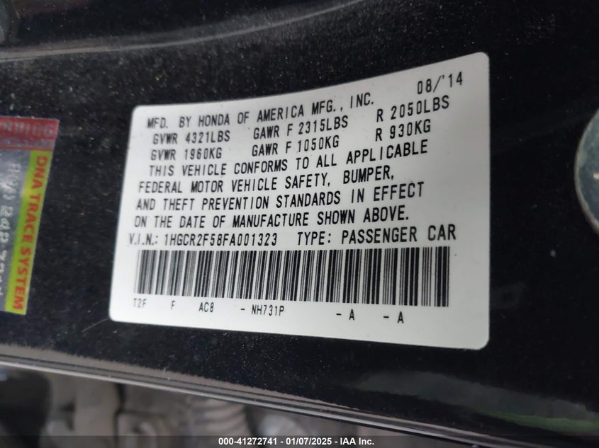 2015 HONDA ACCORD VIN: 1HGCR2F58FA001323