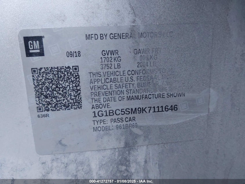 2019 CHEVROLET CRUZE VIN: 1G1BC5SM9K7111646