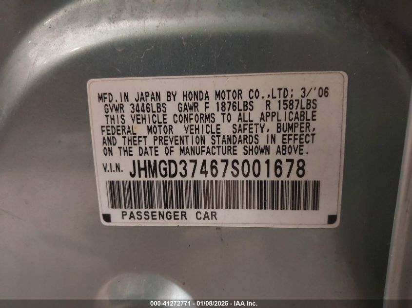 2007 Honda Fit VIN: JHMGD37467S001678 Lot: 41272771