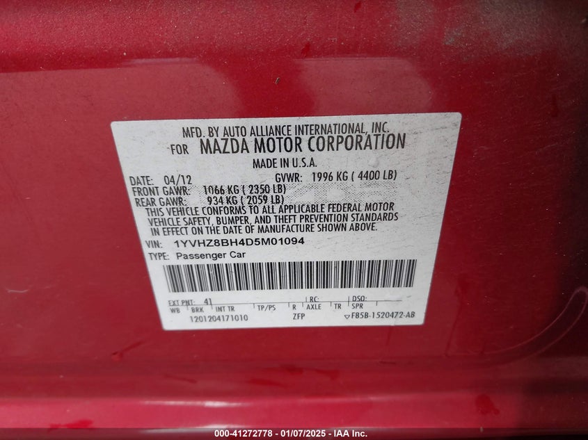 2013 MAZDA MAZDA6 VIN: 1YVHZ8BH4D5M01094