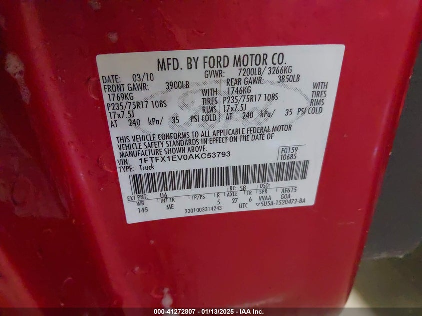 2010 FORD F150 VIN: 1FTFX1EV0AKC53793