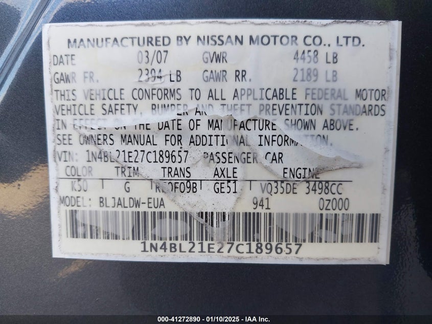 2007 NISSAN ALTIMA VIN: 1N4BL21E27C189657