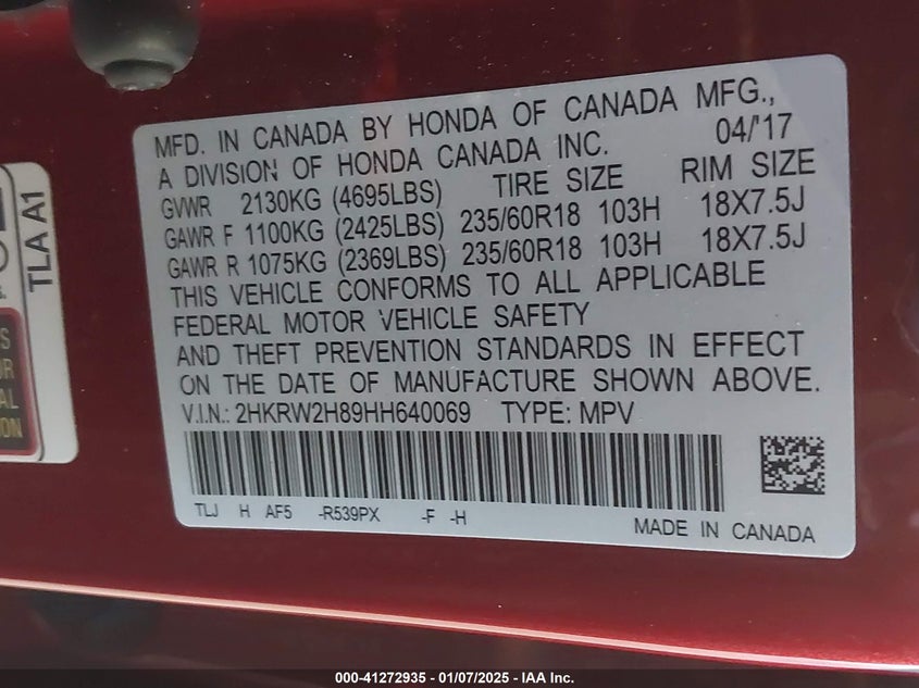 2017 HONDA CR-V VIN: 2HKRW2H89HH640069
