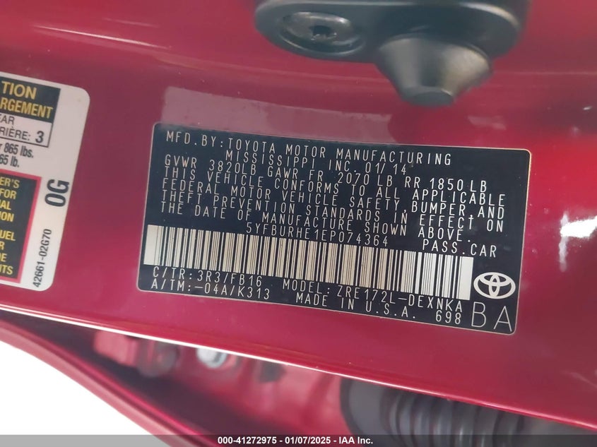 2014 TOYOTA COROLLA VIN: 5YFBURHE1EP074364
