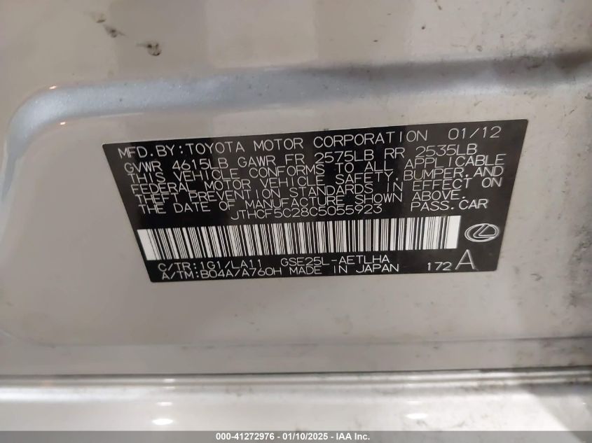 2012 Lexus Is 250 VIN: JTHCF5C28C5055923 Lot: 41272976