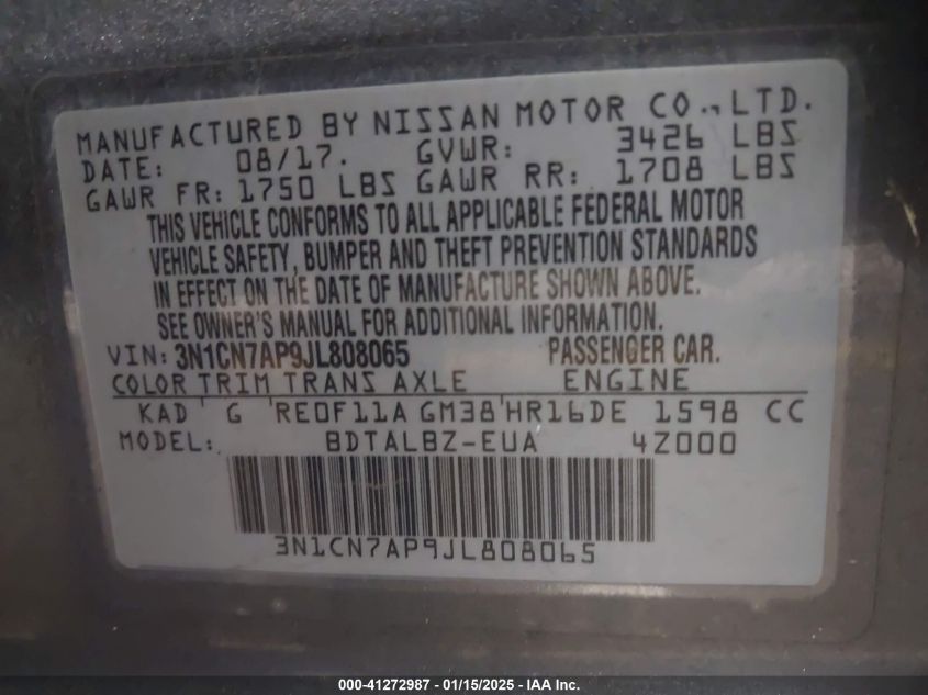 VIN 3N1CN7AP9JL808065 2018 Nissan Versa, 1.6 SV no.9