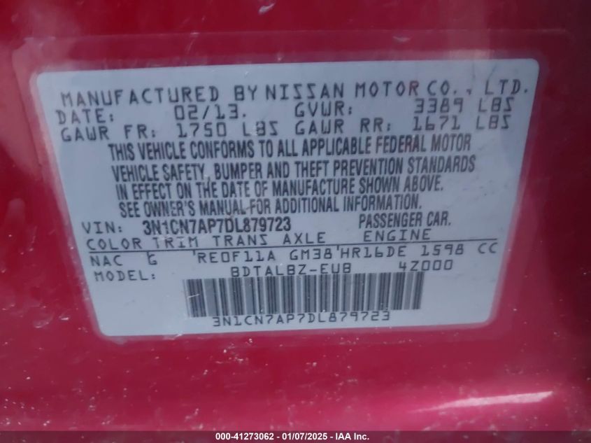 VIN 3N1CN7AP7DL879723 2013 NISSAN VERSA no.9