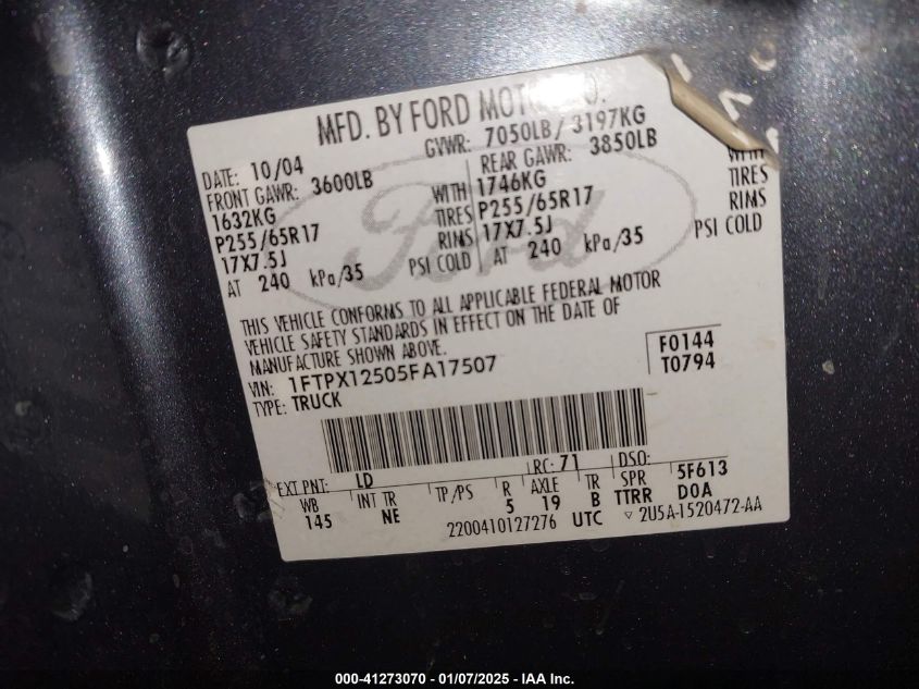 2007 Ford F-150 Stx/Xl/Xlt VIN: 1FTRF12267KC22700 Lot: 41273070