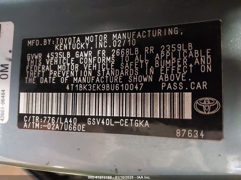2011 TOYOTA CAMRY VIN: 4T1BK3EK9BU610047