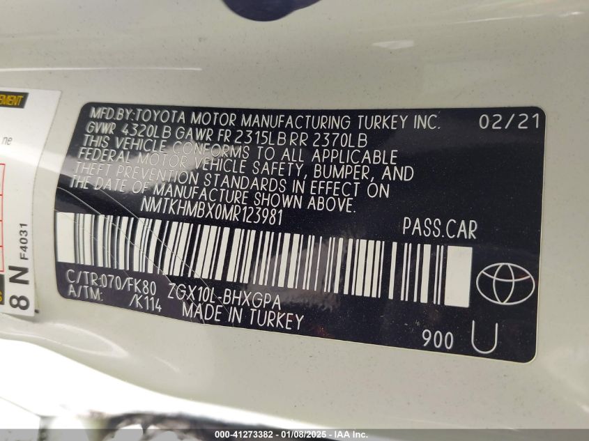 2021 Toyota C-Hr Xle VIN: NMTKHMBX0MR123981 Lot: 41273382