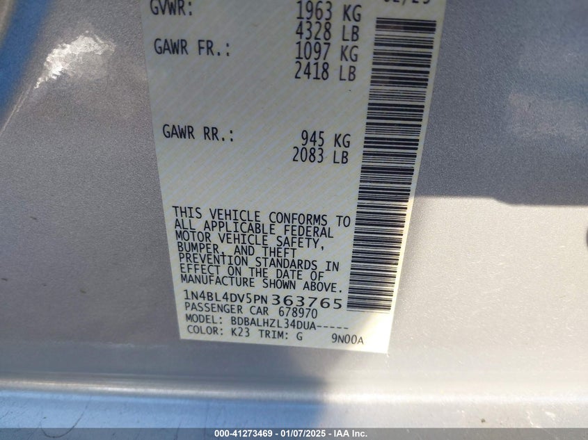 2023 NISSAN ALTIMA SV FWD - 1N4BL4DV5PN363765