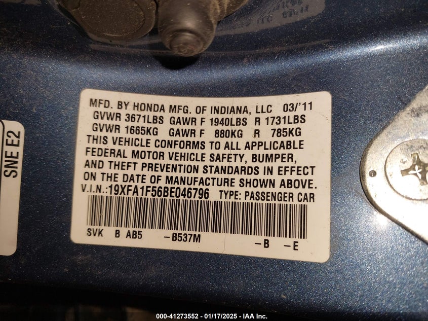 2011 HONDA CIVIC VIN: 19XFA1F56BE046796