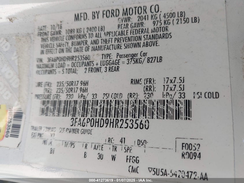 2017 FORD FUSION VIN: 3FA6P0HD9HR253560