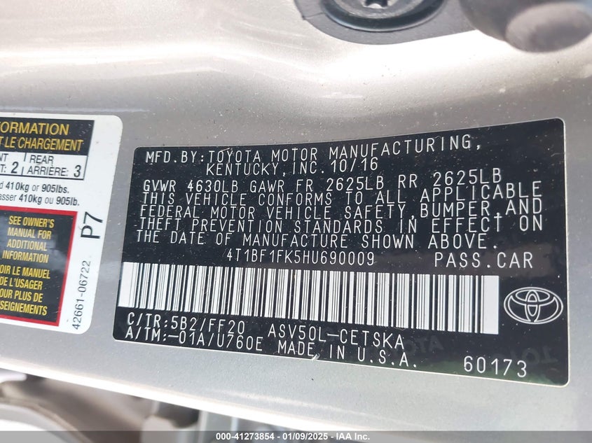 2017 TOYOTA CAMRY VIN: 4T1BF1FK5HU690009