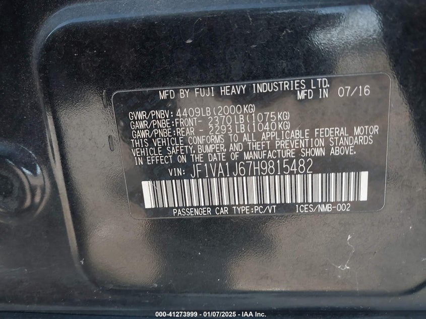 2017 SUBARU WRX LIMITED - JF1VA1J67H9815482