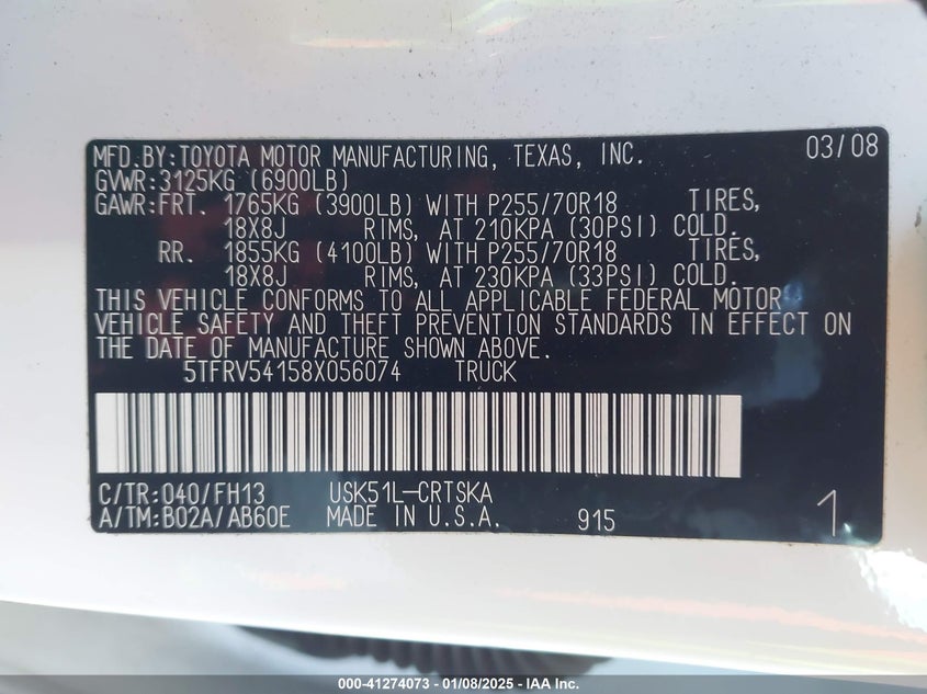 2008 TOYOTA TUNDRA VIN: 5TFRV54158X056074