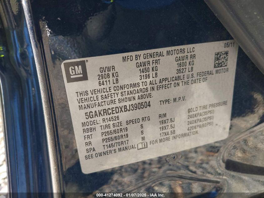 2012 Buick Enclave VIN: 5GAKRCEBXCJ390504 Lot: 41274092