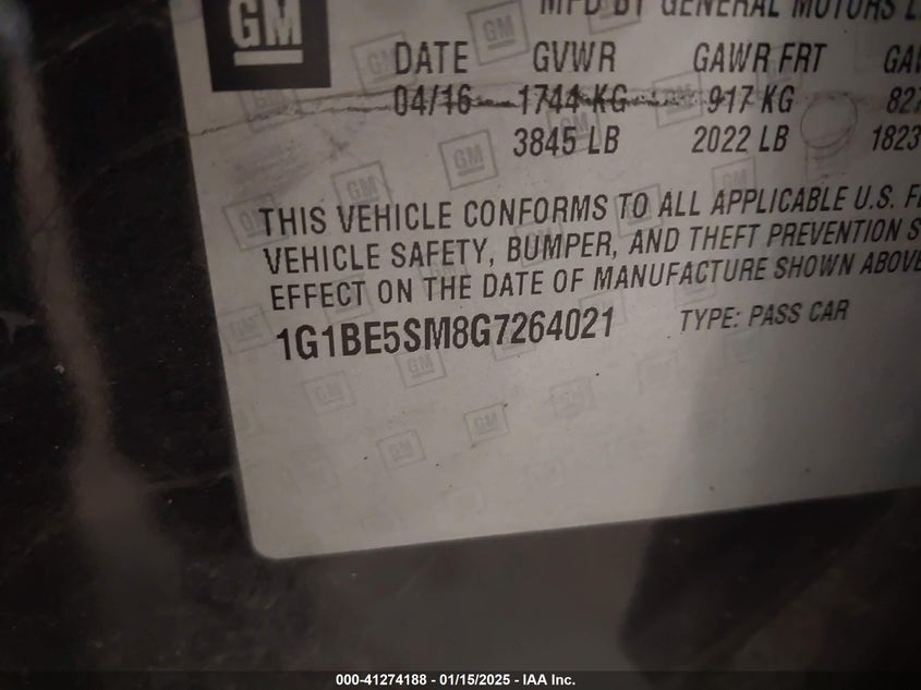 2016 CHEVROLET CRUZE VIN: 1G1BE5SM8G7264021